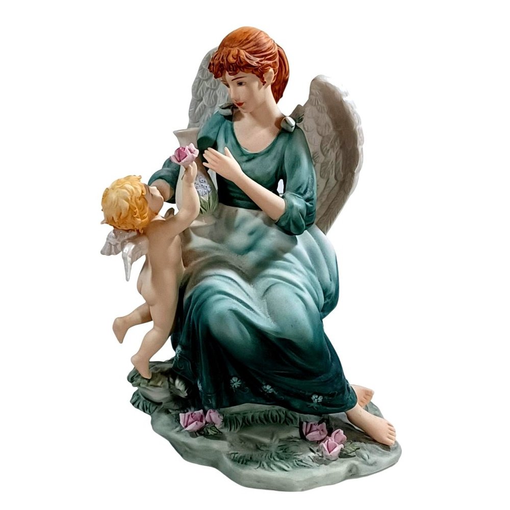 Vtg Victorian Angel Flying Baby Cherub Giving Flowers Statue Figurine Green Gown